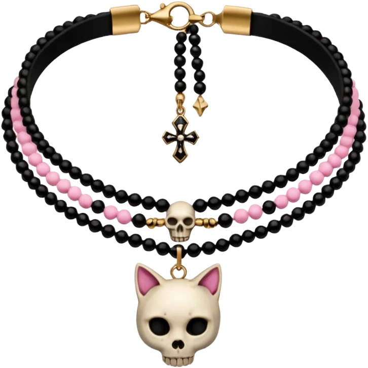 Thick black beaded choker, with cat skull and pink ankh  emoji