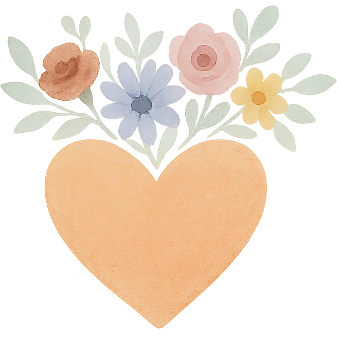 an orange heart with a crown of colorful flowers, watercolor style, soft and textured emoji