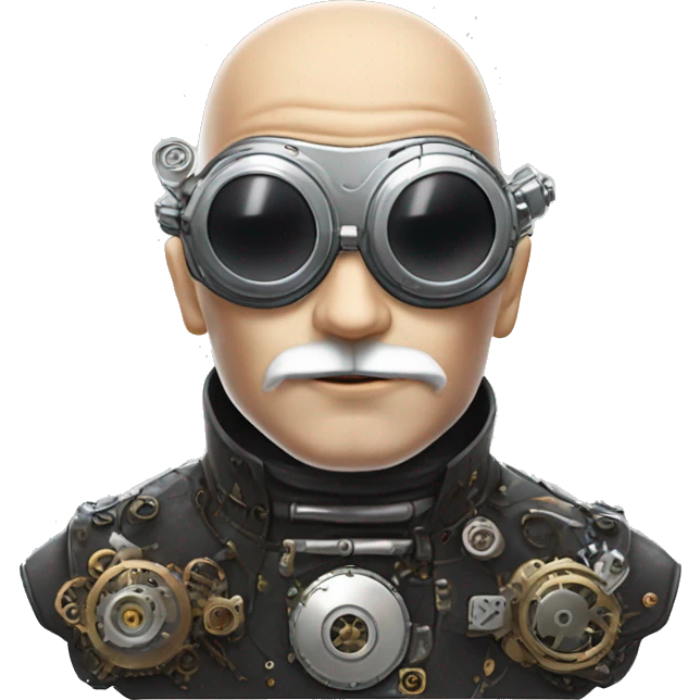 Bald cyborg head with silver steampunk goggles, white beard and circuits emoji