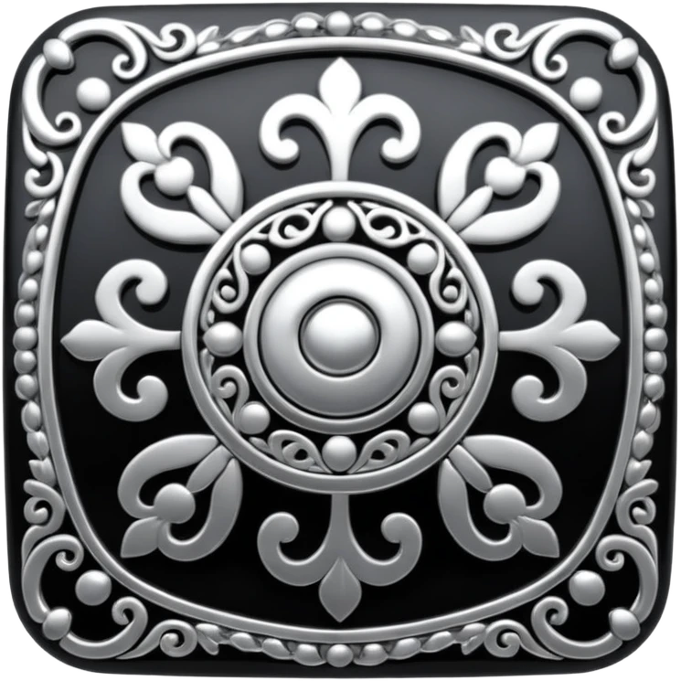 Black and silver filigree square button, 3D, extremely detailed design emoji
