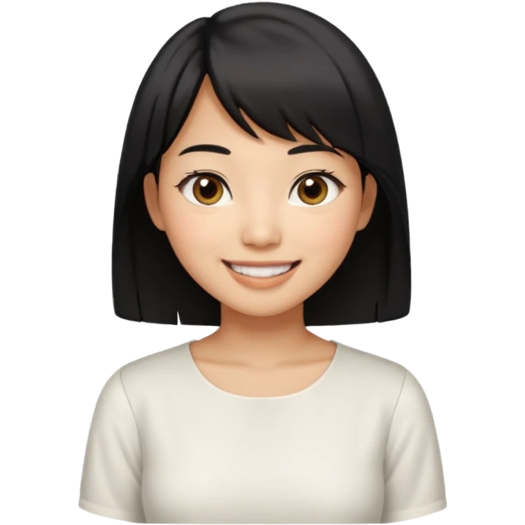 30 yr old asian woman center parted hair big eyes big smile tanned skin straight black hair hippie part hair white blouse shoulder length hair middle parted hair few short bangs at front emoji