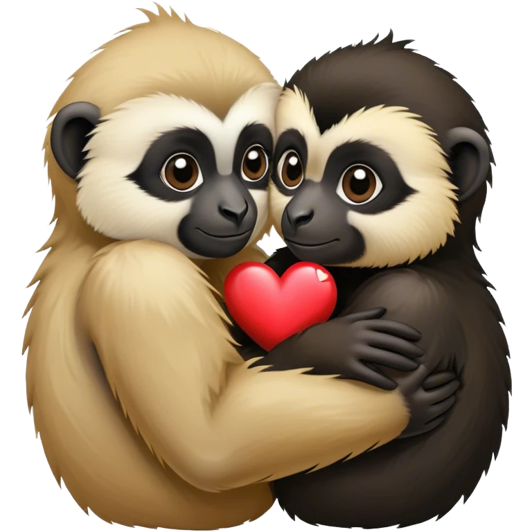 Two gibbons, one black and one tan, embracing with a heart emoji