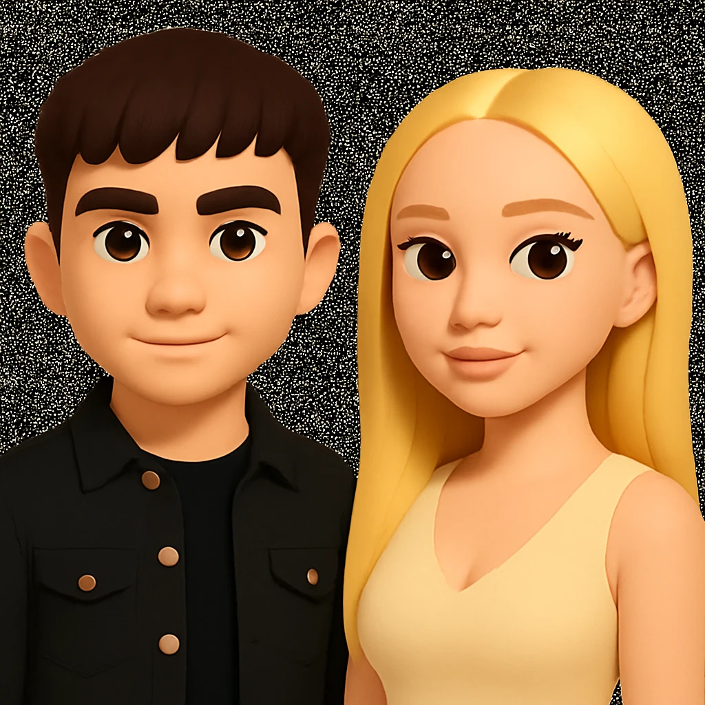 Slightly increase the volume of the upper body of the girl, separate the girl and the boy from each other, make the skin color the same for both characters, keep the cartoon style as in the reference image. emoji