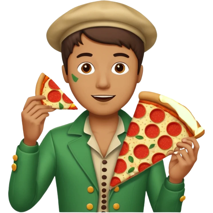 Create a man in a costume eating pizza emoji