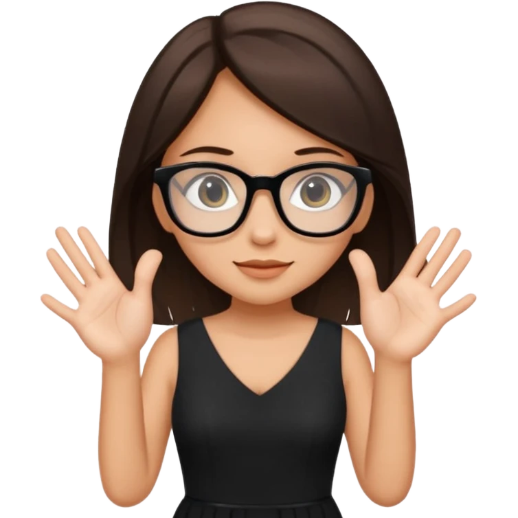 a cute white brunette girl in a black dress wearing glasses  with two hands  emoji