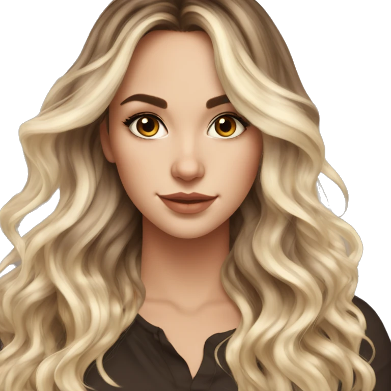 White girl brown eyes with long voluminous brown hair with blonde highlights balayage  emoji