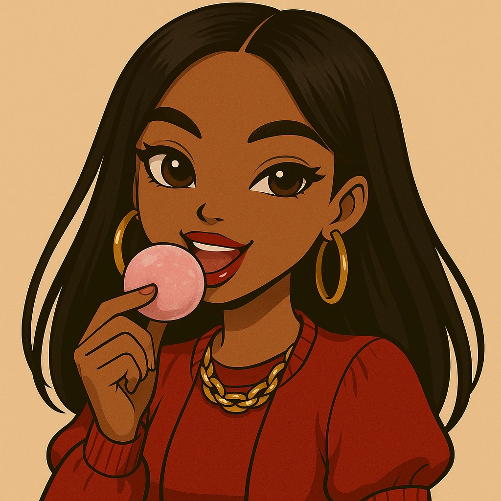 Change the pose to eating pink mochi ice cream, headshot only, 20-year-old anime Bratz style woman with dark skin, straight hair, brown eyes, red shirt, trendy outfit, glossy lips, no hat, no tears, happy expression, both eyes open, looking straight ahead. emoji