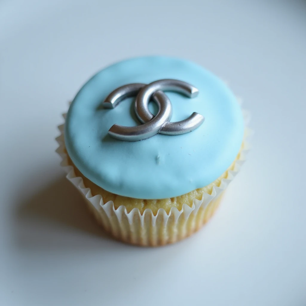 photorealistic pastel blue Chanel cupcake with a silver logo, no background emoji