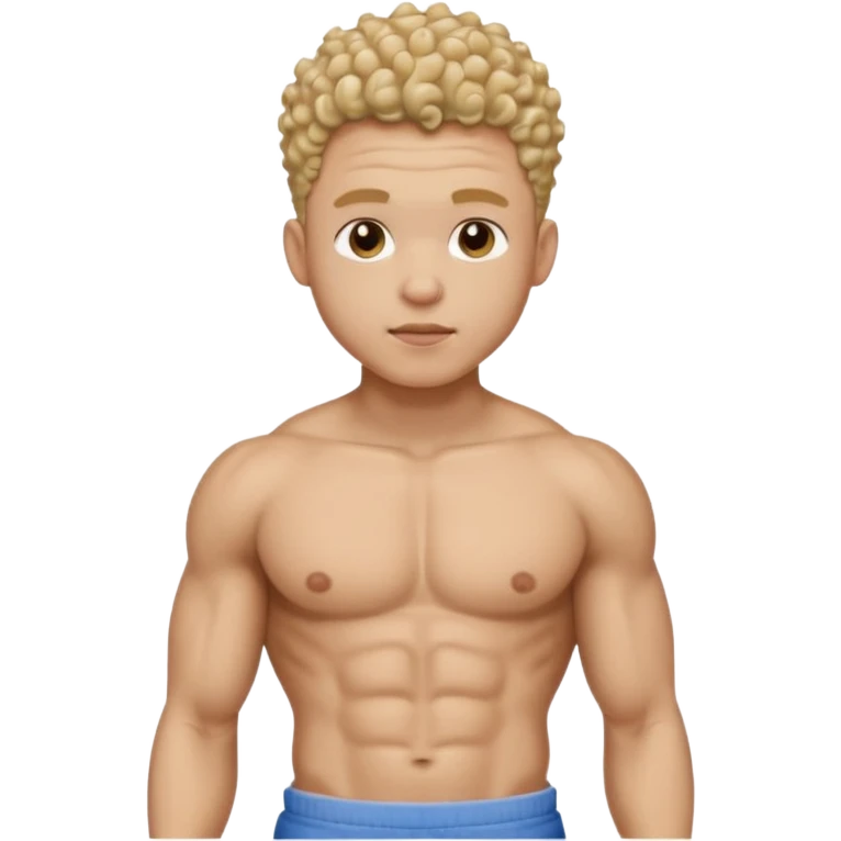 Ripped, athletic man with thick neck, high top fade with no part, curly hair only top only, no shirt and show waistline up add scrubs emoji