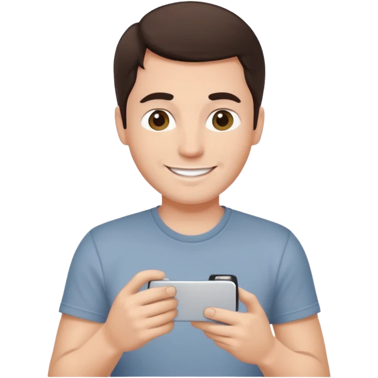 make a white guy with dark brown hair repairing an iphone happy, with a simple white o grey shirt emoji
