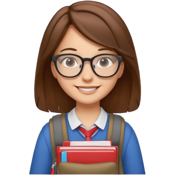 brown hair woman going to university wearing a glasses, looks pretty emoji