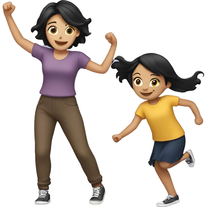 Girl with brown hair dancing with Mum with black hair emoji