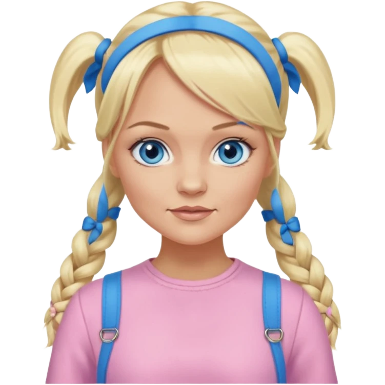 Emma Bunton blue eyes, long blonde pigtails hair, light pink outfit emoji