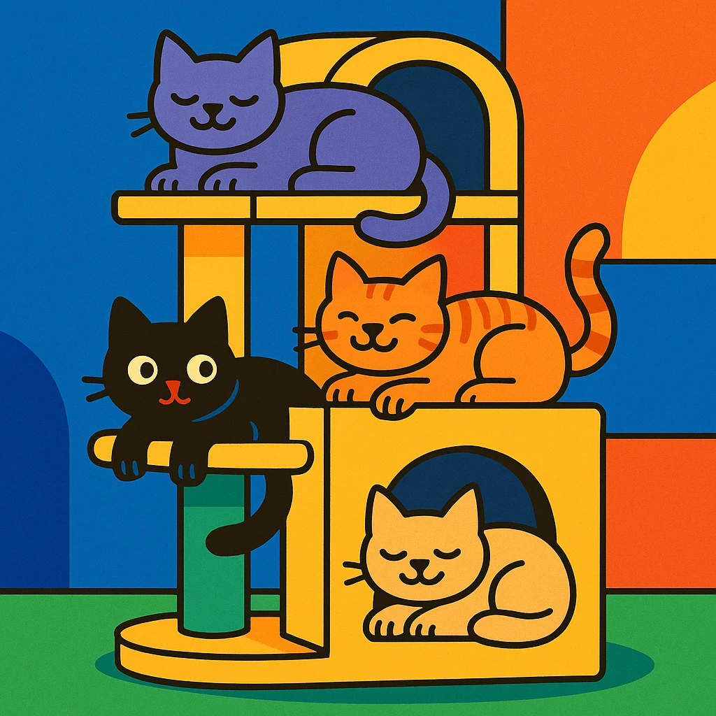cats relaxing in a vertical playhouse emoji
