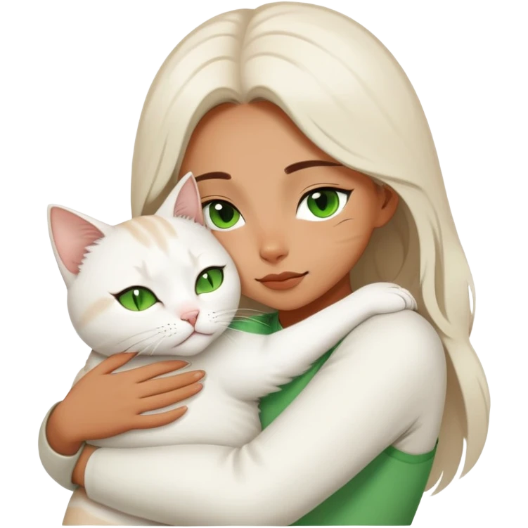 a closing eye girl hugs a white jinjila cat,the cat’s eyes are open and green  emoji