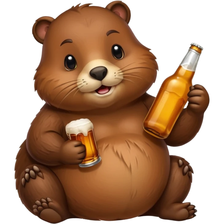 A chubby beaver hugging a beer bottle with both paws emoji