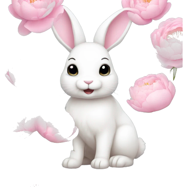cute white bunny holding light pink peonies emoji