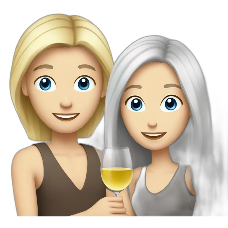 A white woman, she has brown eyes and blond medium long hair. A white man, he has blue eyes and grey hair. They toast to each other with a glass of white wine. emoji