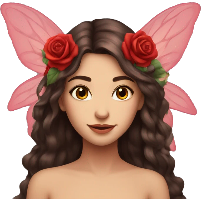 Beautiful, rose, fairy, red, flowers in hair, long dark brown hair, big wings, fair skin emoji
