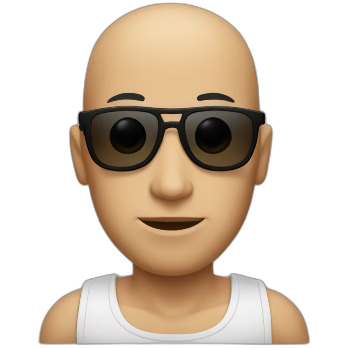 A bald man with black eyes and black eyebrows and sun glasses he has Muscles  emoji