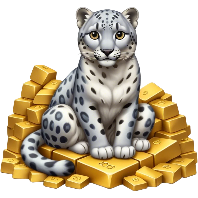 photorealistic snow leopard symbol of Kazakhstan sitting on pile of gold emoji