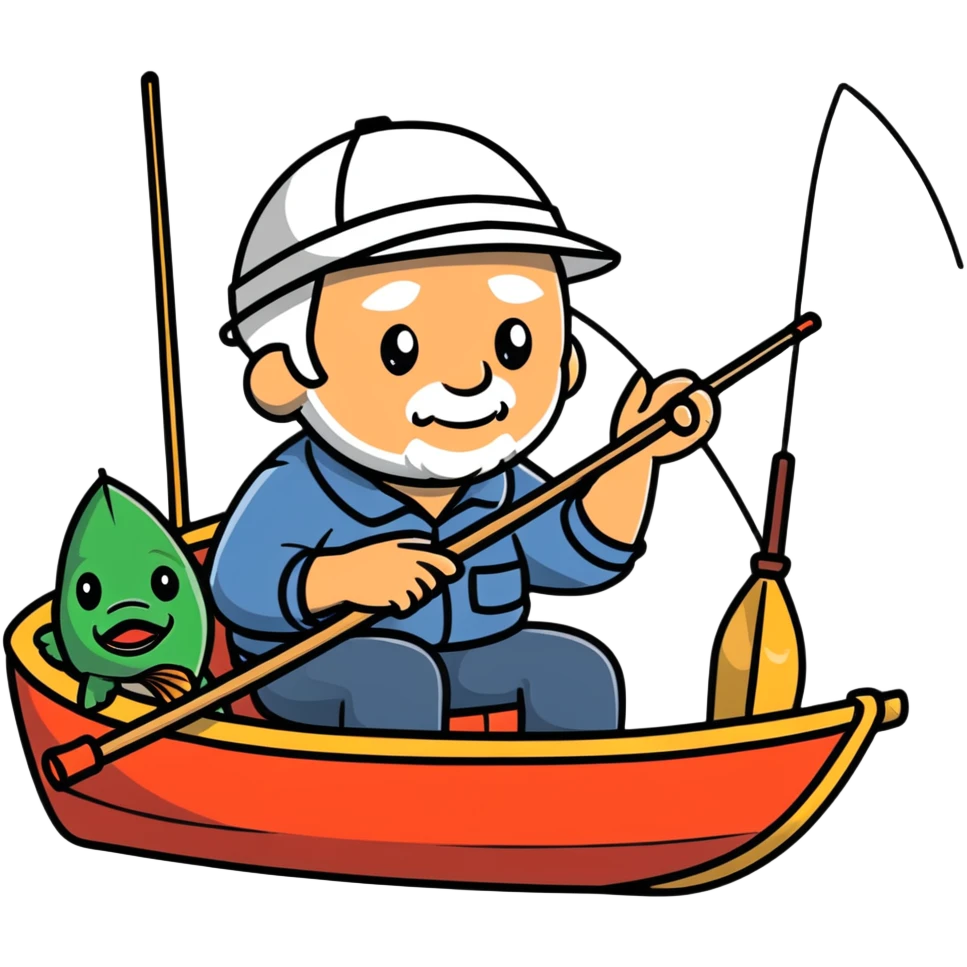 elderly fisherman sitting in boat with fishing rod emoji