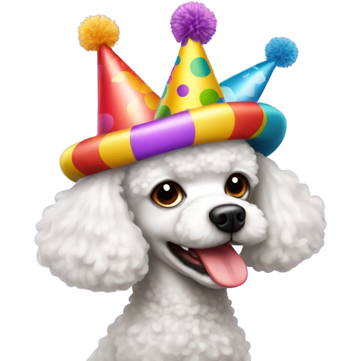White Toy poodle wearing birthday hat emoji