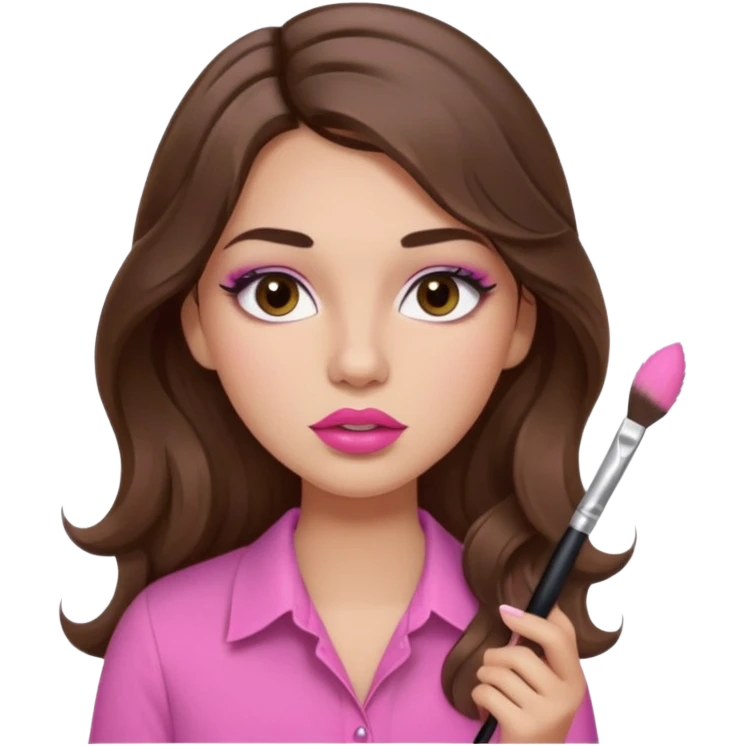 girl with long wavy brown hair, brown eyes, light to medium complexion, in a pink shirt, pink lips, long lashes, puckered lips, putting on makeup emoji