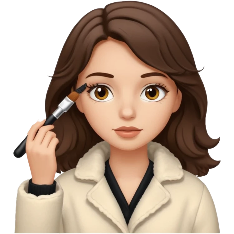 Garota branca de cabelos levemente ondulados castanhos escuros médio aplicando máscara de cílios, ela veste casaco off white estilo cozy emoji