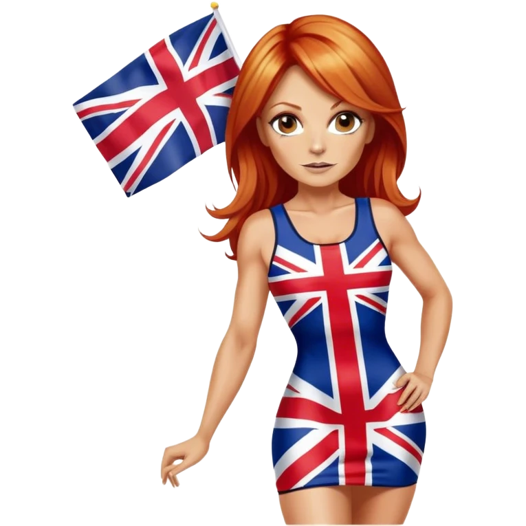 Geri Halliwell with red hair and blonde highlights wearing a short bodycon uk flag dress emoji