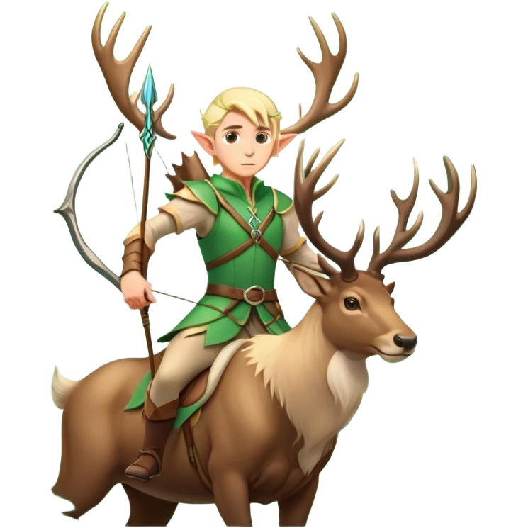 clash-of-clans-aesthetic-blond-male elf-archer-portrait-emoji, rendered in a flat, vector-style with minimal shading and bold, simplified shapes, head tilted slightly forward with a determined, focused expression, riding a majestic stag whose luminous antlers glow with mystical energy, set against an ancient, enchanted forest backdrop. emoji