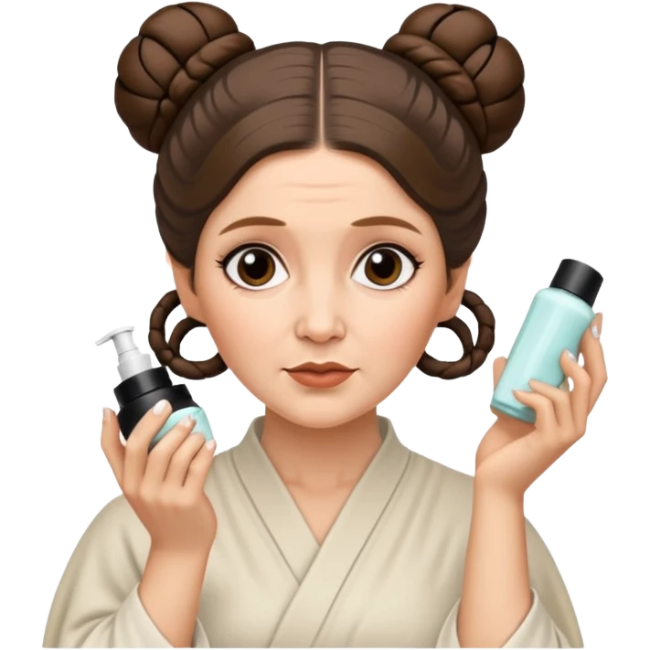 Princess Leia from Star Wars as an emoji, applying face cream, iconic hair buns, minimal details emoji