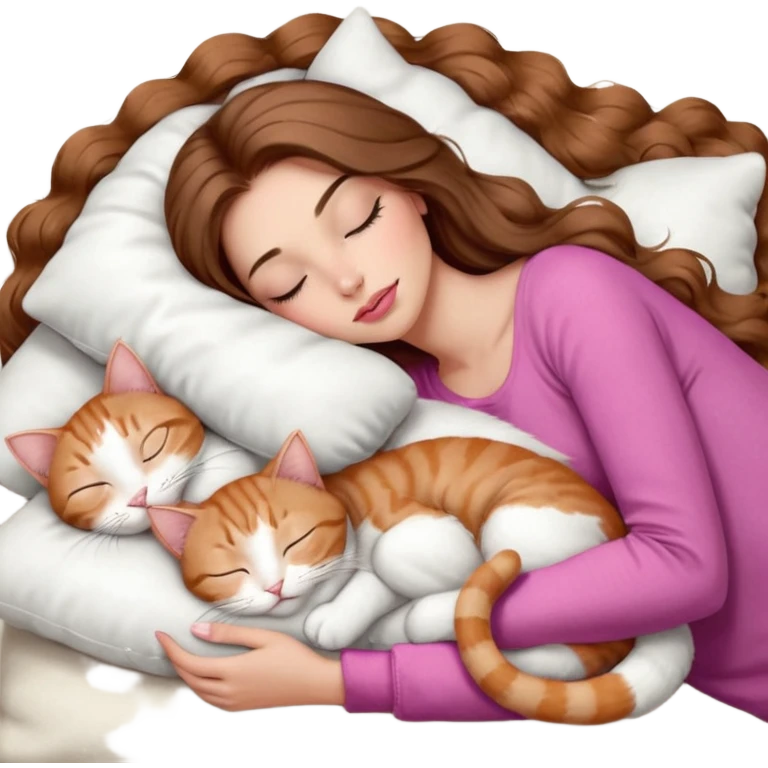 girl with long wavy brown hair, brown eyes, long lashes makeup, sexy pink lips, light to medium complexion,  sleeping on a cozy pillow, with 6 cats: 1 brown and white tabby cat, 1 ginger and white, 2 grey and white, 1 grey with white mittens and small white patch on chest and 1 calico, sleeping emoji