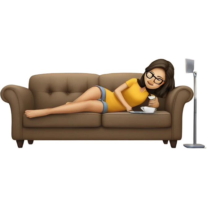 brunette girl laying on a cream colored couch with brown pillows with glasses on and a laptop on small table in front with coffee cup on mouse pad emoji
