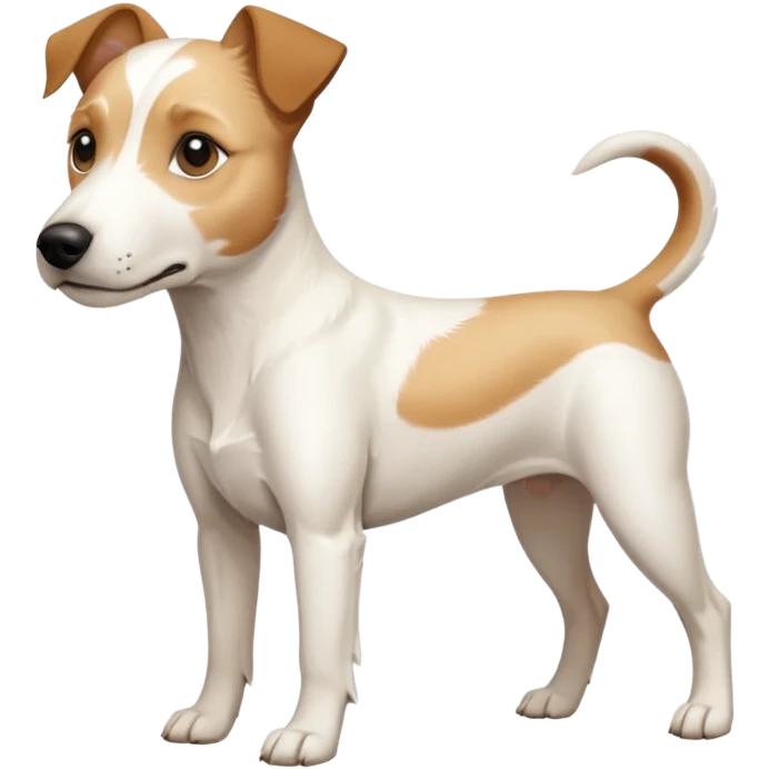 a full body buff white parson russell terrier looking dog the size of a kelpie with light brown long ears and a light brown patch on one eye and a large snout. the rest of the dog is completely white. forward facing emoji