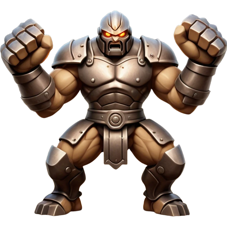 Cinematic Fierce Mighty Iron Golem Portrait Emoji Depicted mid-action in a dynamic, battle-ready stance, massive fists clenched, the ancient metallic plates along its form shifting with raw power. Its eyes blaze like molten fire within a carved, rune-etched face, exuding both divine purpose and mechanical precision. Weathered steel and dark bronze tones are accented by glowing, arcane inscriptions, each detail meticulously crafted with lifelike metallic reflections. High shine, imposing yet regal, styled with an air of indestructible might, soft glowing outline, capturing the essence of an unstoppable colossus that looks ready to charge forth with a thunderous step! emoji