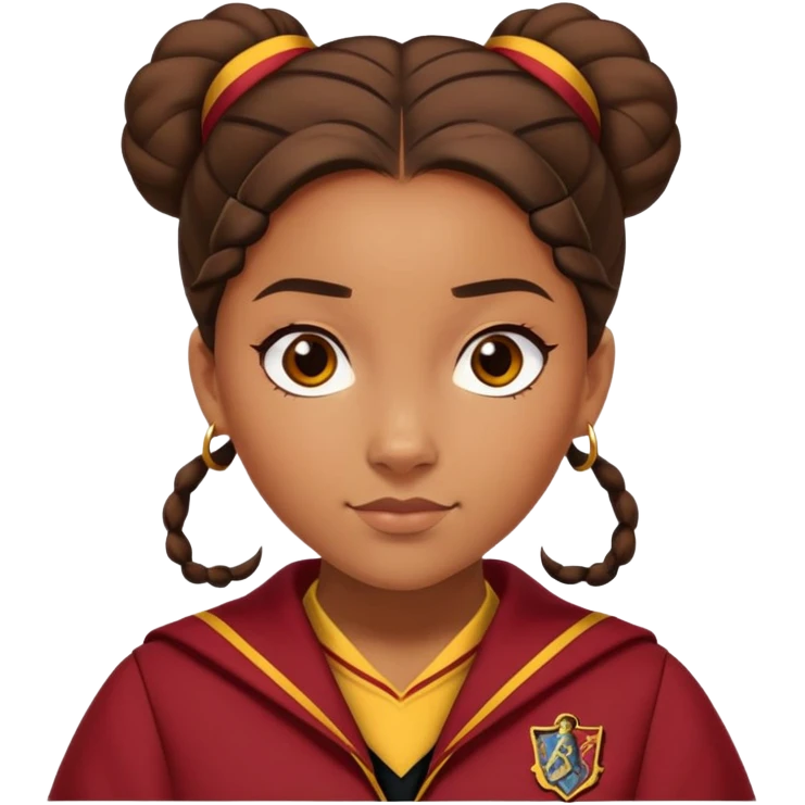 Tiana Benjamin is Angelina Johnson in harry potter, wear hogwarts gryfindor uniform,  thick, brown 1 bun hair , reflecting her bold, stylish, and strong personality emoji