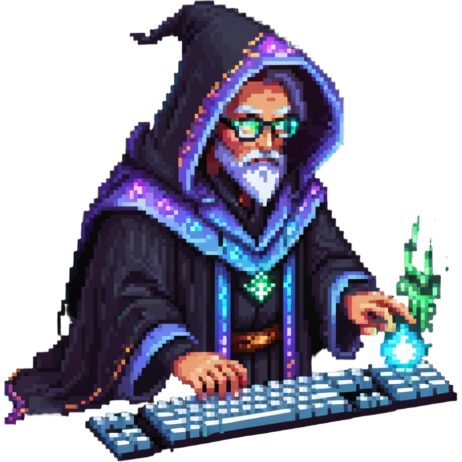 powerful wizard coding on a glowing magical keyboard, no laptop, mystical aura surrounding him, confident expression, looks like the ultimate boss of coding, wearing impressive dark robe emoji