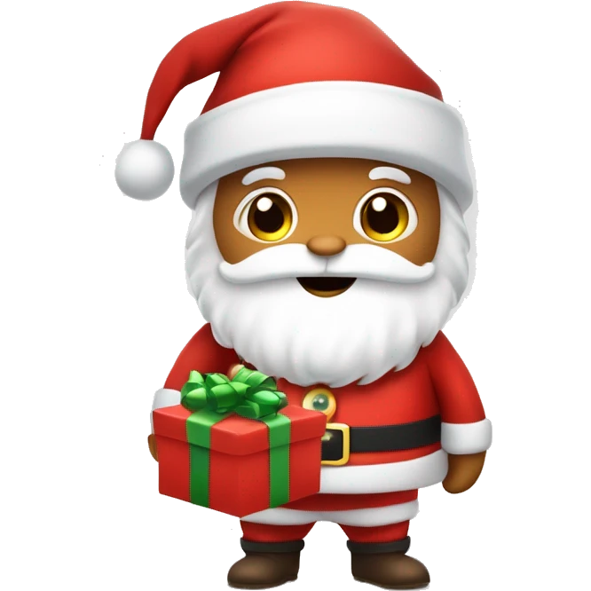 “An adorable full-body Santa in a red suit, fluffy white beard, rosy cheeks, big eyes, and a red hat with a white pom-pom, holding a small gift.” emoji
