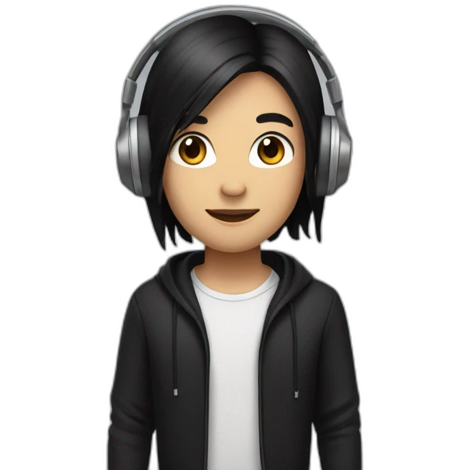 Cartoon character with long black hair, black outfit, silver headphones, dark brown eyes emoji