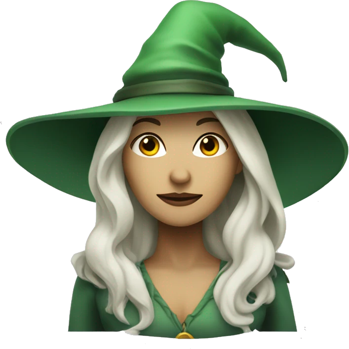 A woman with white skin and white long hair and witch's hat and green clothes ifnj emoji