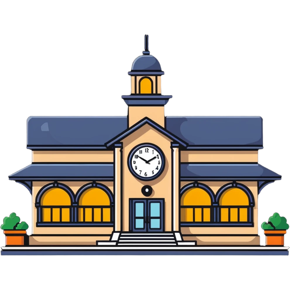 train station building with platforms and clock emoji