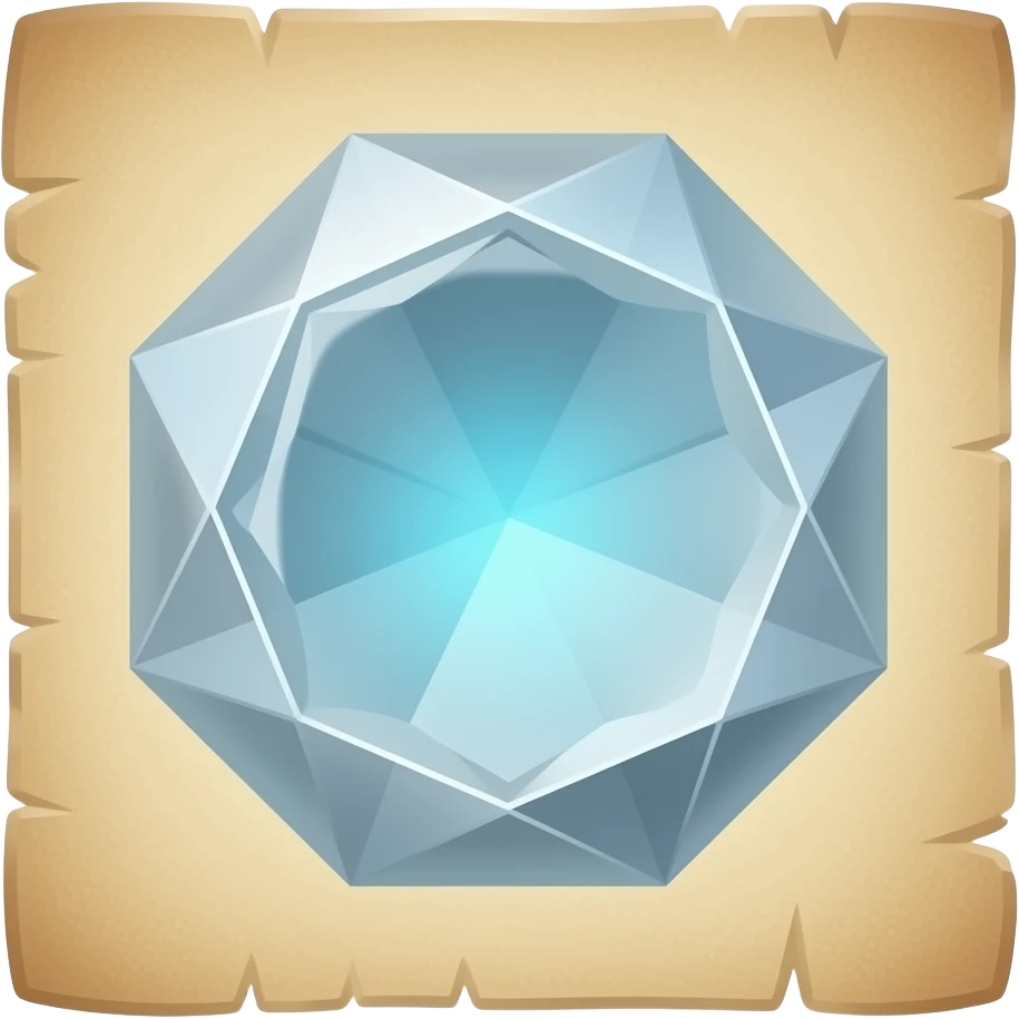 Detailed fantasy illustration of a faceted polyhedral crystal, pale blue or silver, with sharp edges catching light, internal glow, painterly shading, warm parchment background style but transparent canvas, square, no text. emoji