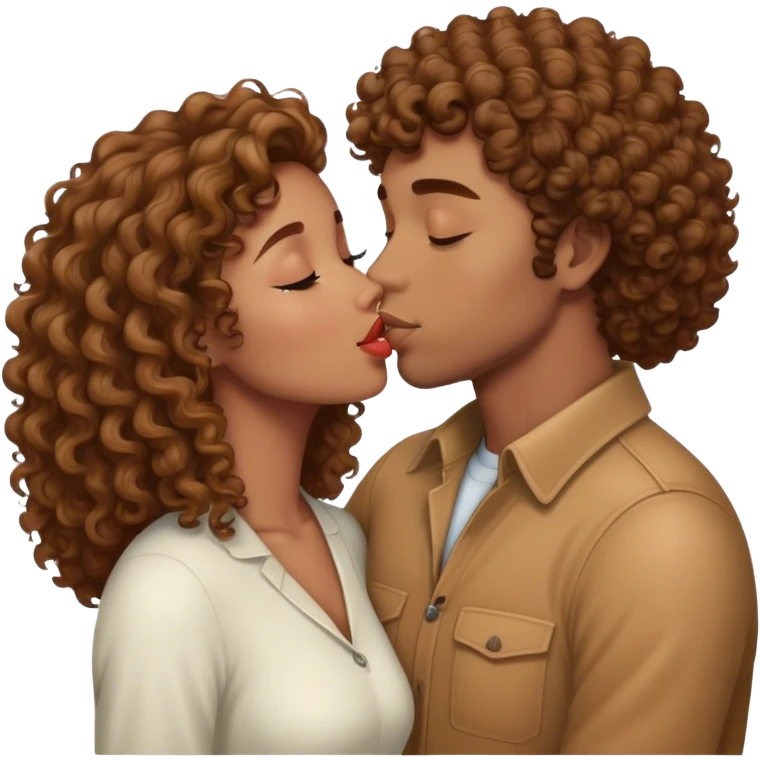 light brown skin curly hair girl kissing white man with brown hair emoji