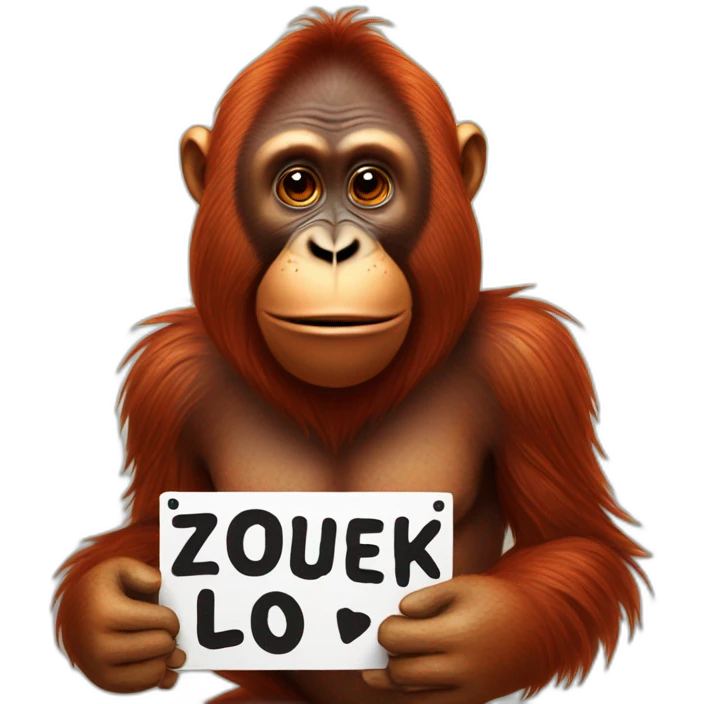 An orangutan with a sign in his hands with the inscription "Zozek Lo"An orangutan with a sign in his hands with the inscription "Zozek" emoji