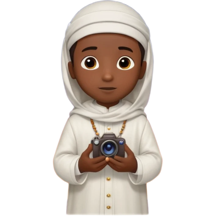 Personnage 3D mignon en style Pixar, un petit garçon portant un qamis blanc et un kufi, tenant un tapis de prière, entouré de lanternes brillantes, fond doux, couleurs chaudes, garçon teint noir TENANT UN APPAREIL PHOTO emoji