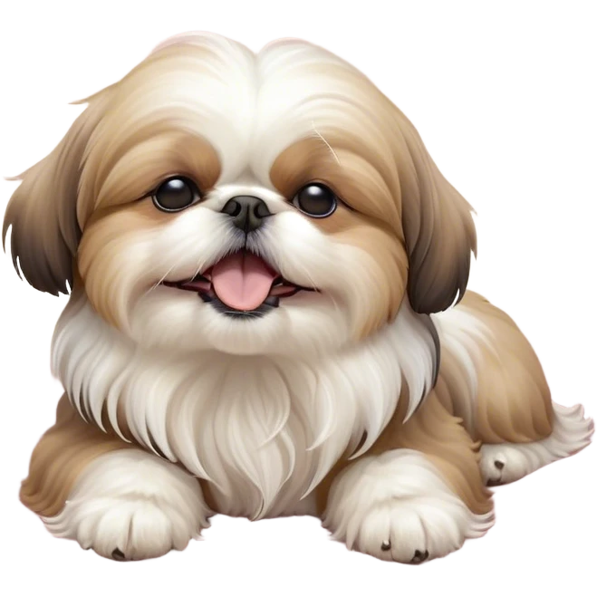 Cinematic Cute Yawning Shih Tzu Portrait Emoji, Head gently tilted with an irresistibly cute yawn and sleepy, half-closed eyes, showcasing a luxurious, fluffy fur in gentle pastel tones, simplified yet endearingly detailed, glowing with a soft, drowsy radiance, high shine, exuding tender, sleepy charm, styled with a delicate, soft glowing outline, capturing the essence of a Shih Tzu caught in a moment of adorable, sleepy bliss! emoji