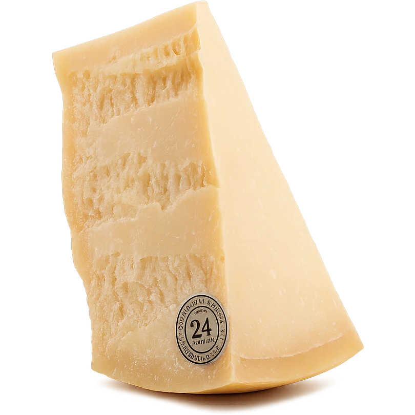 Realistic style piece of Parmigiano Reggiano inspired by the reference image, isolated with no background, natural details, side view, photorealistic rendering. emoji