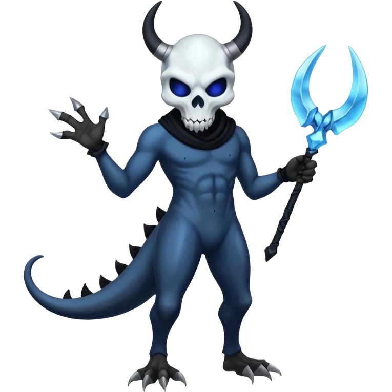 Shiny Dark Edgy  Duskull-Inteleon-Amaura-Fakémon-hybrid-creature (full body) with a horned animal-skull-mask emoji