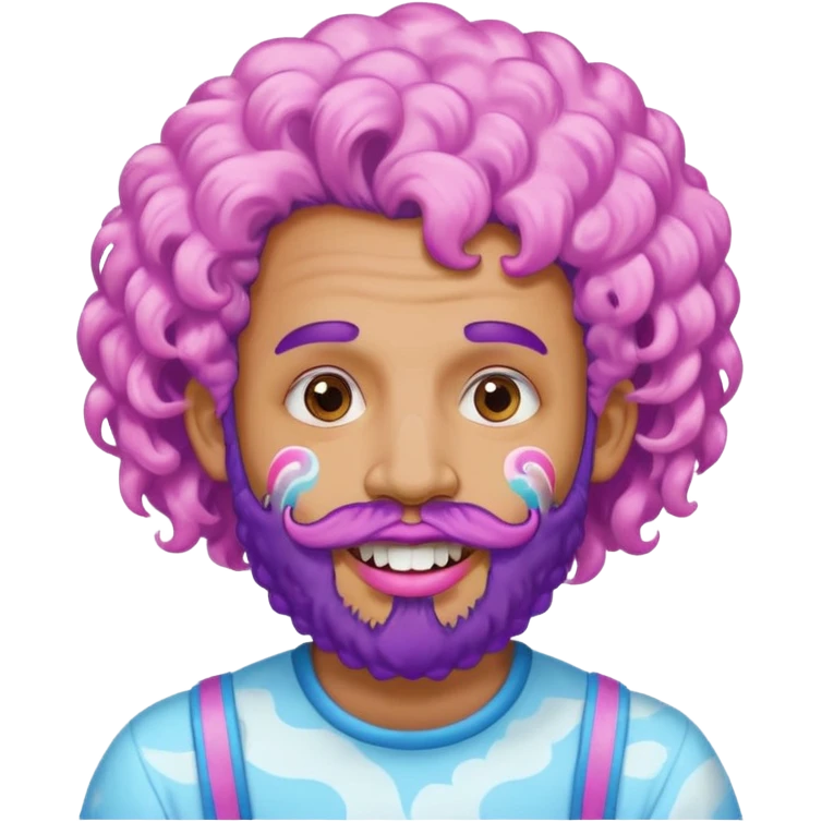 very colorful puffy violet curly haired man beard made out of cotton candy wearing teeth-braces and excessive face tattoos just face  emoji